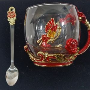 Butterfly Rose Enamel Glass Mug With Spoon Set Valentine's Day